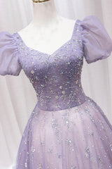 Purple Tulle Beaded Long Formal Dress Outfits For Girls, Cute A-Line Evening Dress