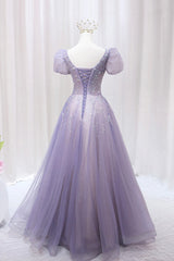 Purple Tulle Beaded Long Formal Dress Outfits For Girls, Cute A-Line Evening Dress
