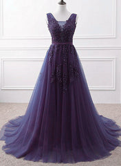Purple Tulle Beaded Long Formal Party Dress Outfits For Girls, Dark Purple Evening Dress
