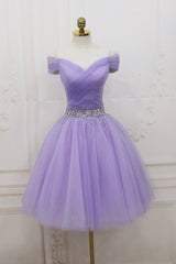 Purple Tulle Beaded Short Prom Dress Outfits For Girls, Off Shoulder Party Dress