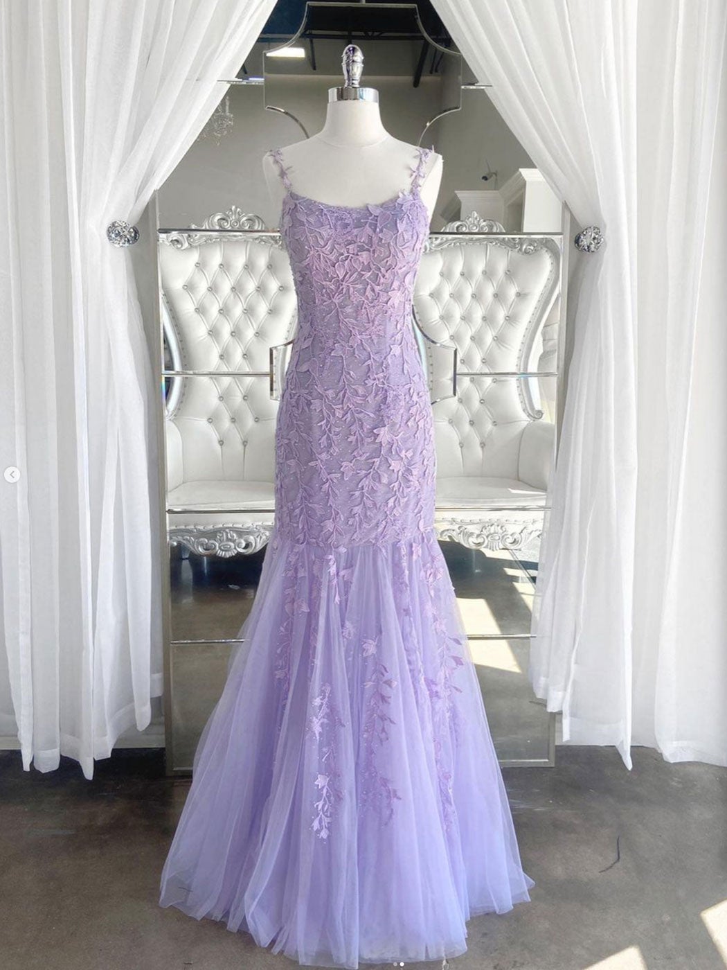 Purple tulle lace mermaid long prom Dress Outfits For Girls, purple lace evening dress