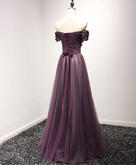 Purple Tulle Lace Off Shoulder Long Prom Dress Outfits For Girls, Purple Evening Dress