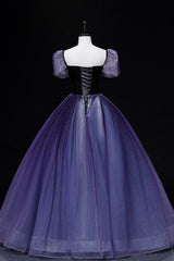 Purple Tulle Long A-Line Prom Dress Outfits For Girls, Purple Short Sleeve Princess Dress