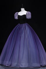 Purple Tulle Long A-Line Prom Dress Outfits For Girls, Purple Short Sleeve Princess Dress