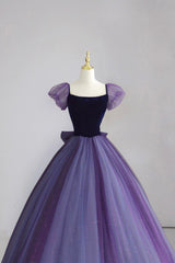 Purple Tulle Long Prom Dress Outfits For Women with Velvet, Cute A-Line Short Sleeve Evening Dress