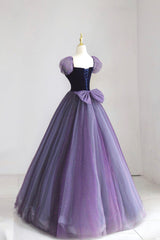 Purple Tulle Long Prom Dress Outfits For Women with Velvet, Cute A-Line Short Sleeve Evening Dress