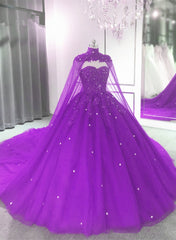 Purple Tulle Quinceanera Dress Outfits For Women Lace Applique Beaded Cape, Purple Formal Dress Outfits For Women Party Dress