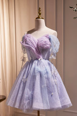 Purple Tulle Short Party Dress Outfits For Girls, Cute A-Line Off Shoulder Prom Dress