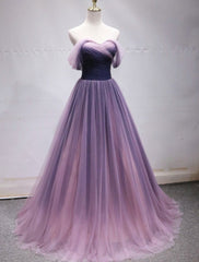 Purple Tulle Sweetheart Gradient Off Shoulder Long Party Dress Outfits For Girls, A-line Tulle Prom Dress Outfits For Women Party Dress