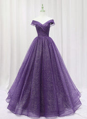 Purple Tulle Sweetheart Long Prom Dress Outfits For Women Formal Dress Outfits For Girls, A-line Tulle Party Dress