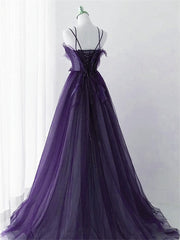 Purple Tulle with Lace Applique Long Prom Dress Outfits For Girls, Purple Long Formal Dress