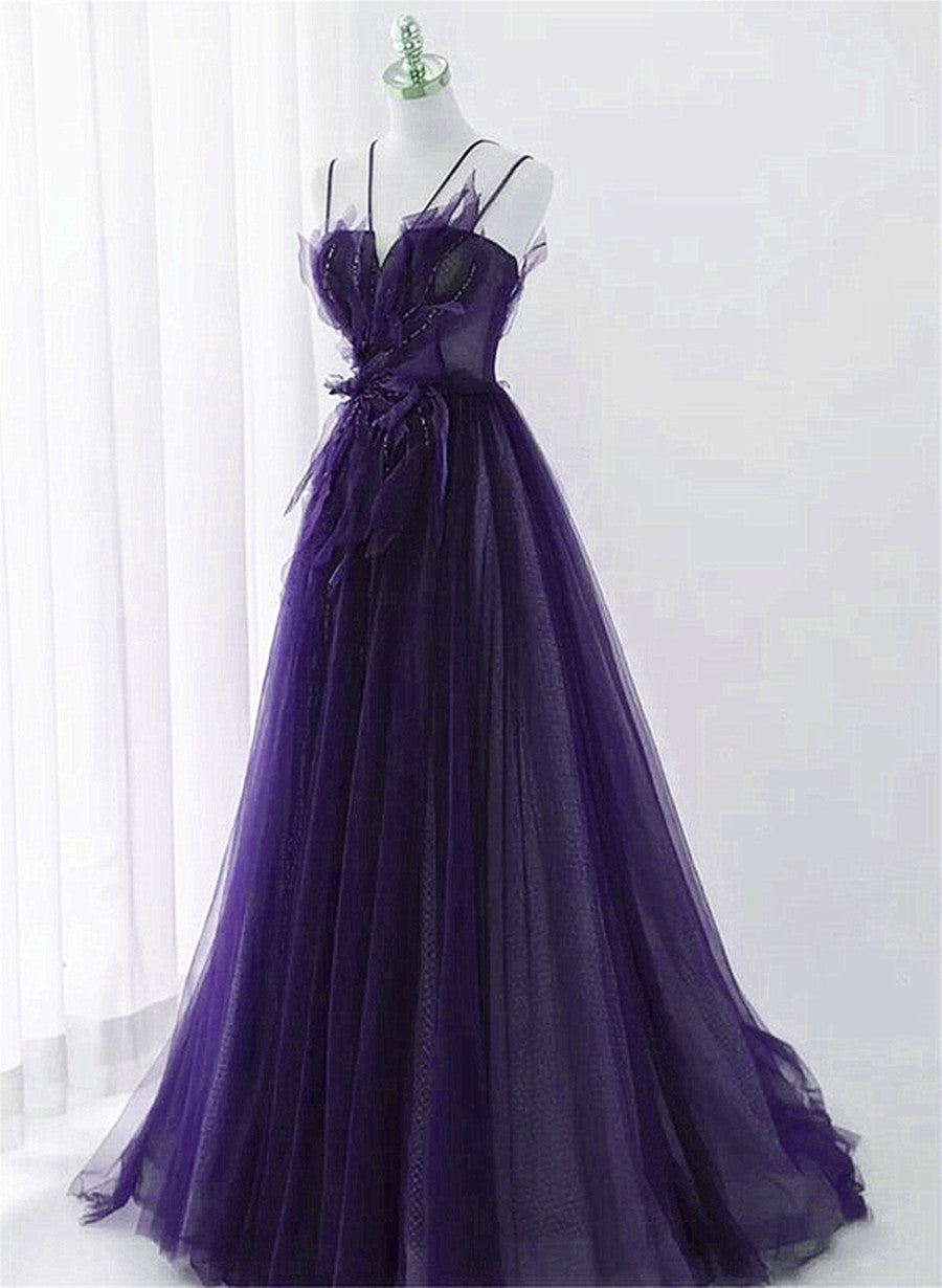 Purple Tulle with Lace Applique Long Prom Dress Outfits For Girls, Purple Long Formal Dress