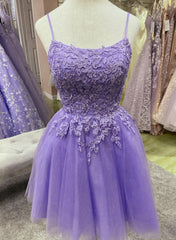 Purple Tulle with Lace Short Straps Homecoming Dress Outfits For Girls, Purple Short Prom Dress