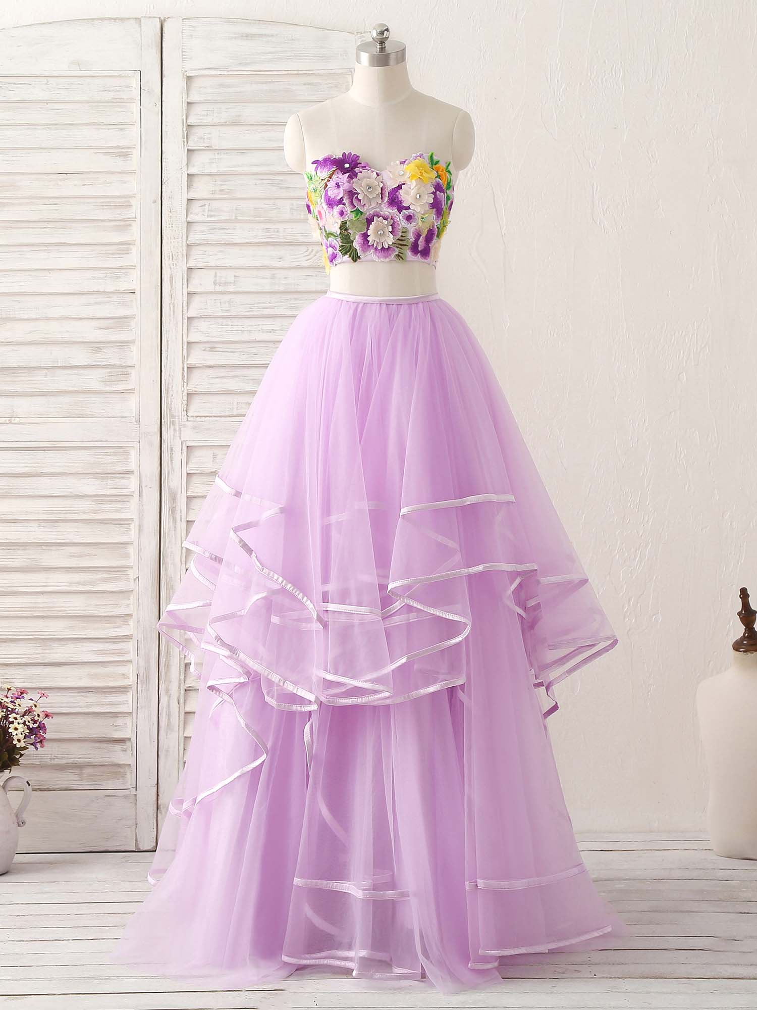 Purple Two Pieces Applique Tulle Long Prom Dress Outfits For Women Purple Evening Dress