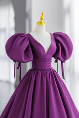 Purple V-Neck Satin Long Formal Evening Dress Outfits For Girls, A-Line Puff Sleeve Party Dress