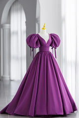Purple V-Neck Satin Long Formal Evening Dress Outfits For Girls, A-Line Puff Sleeve Party Dress