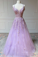 Purple v neck tulle lace long prom dress purple lace formal dress