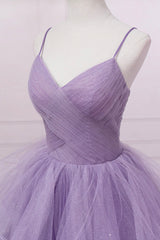 Purple V-Neck Tulle Long Prom Dress Outfits For Girls, Spaghetti Straps A-Line Evening Dress
