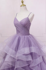Purple V-Neck Tulle Long Prom Dress Outfits For Girls, Spaghetti Straps A-Line Evening Dress
