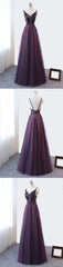 Purple V-neckline Tulle Lace Applique Party Dress Outfits For Girls, Purple Formal Dress Outfits For Women Prom Dress