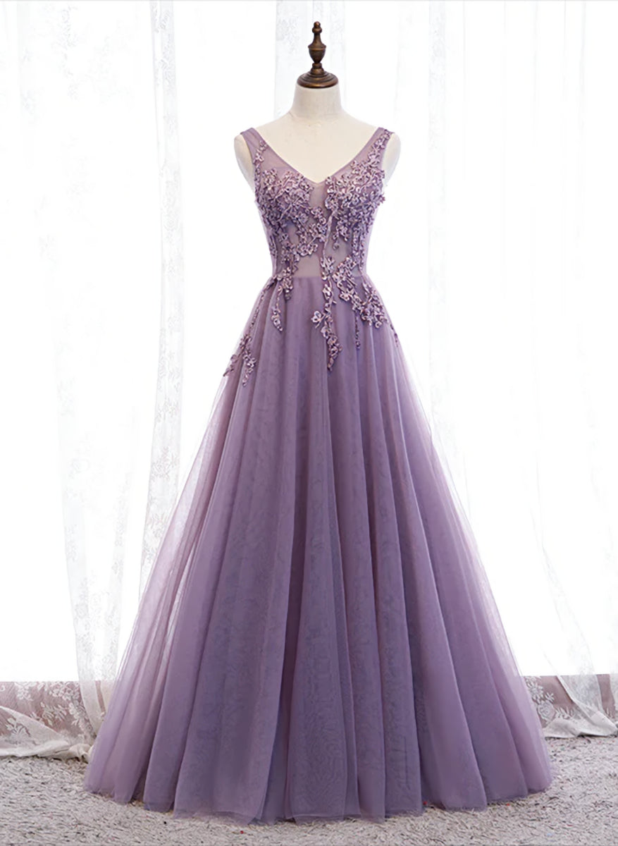 Purple V-neckline Tulle with Lace Floor Length Party Dress Outfits For Women Evening Dress Outfits For Girls,Purple Prom Dress