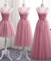 Pink Round Neck Lace Tulle Prom Dress, Lace Evening Dresses