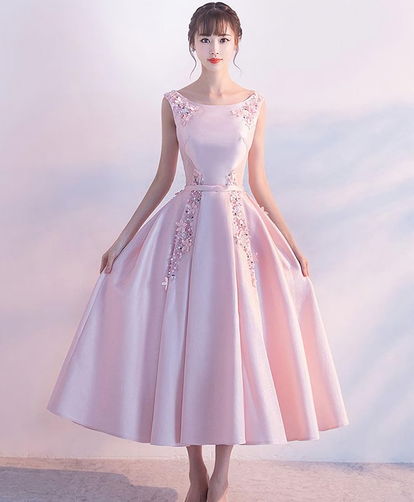 Pink Satin Lace Tea Length Prom Dress, Pink Evening Dress