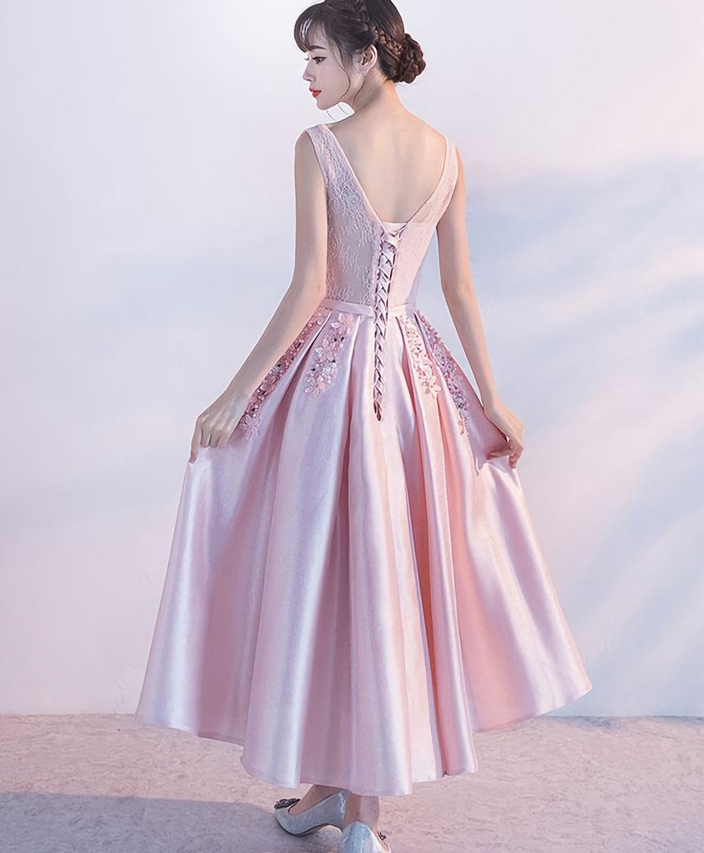 Pink Satin Lace Tea Length Prom Dress, Pink Evening Dress