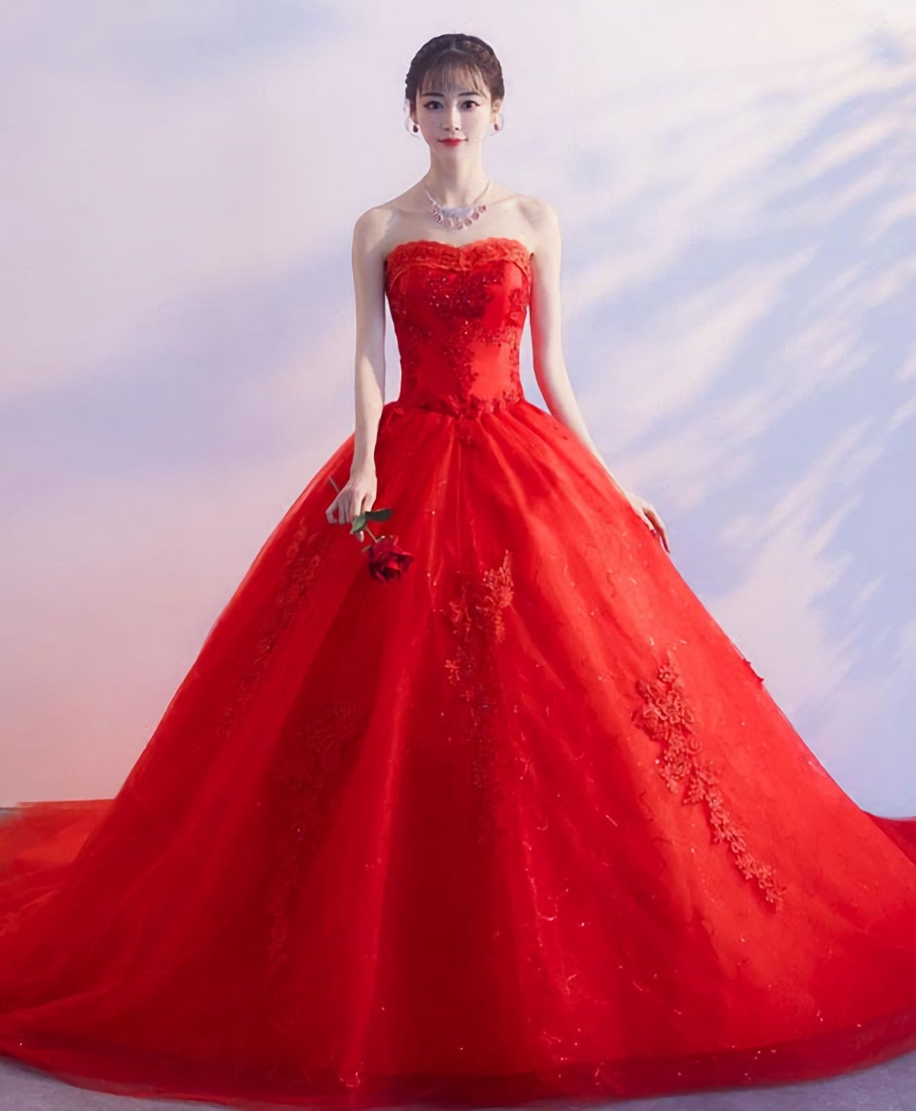 Red Sweetheart Neck Lace Long Prom Dress, Sweet 16 Dress