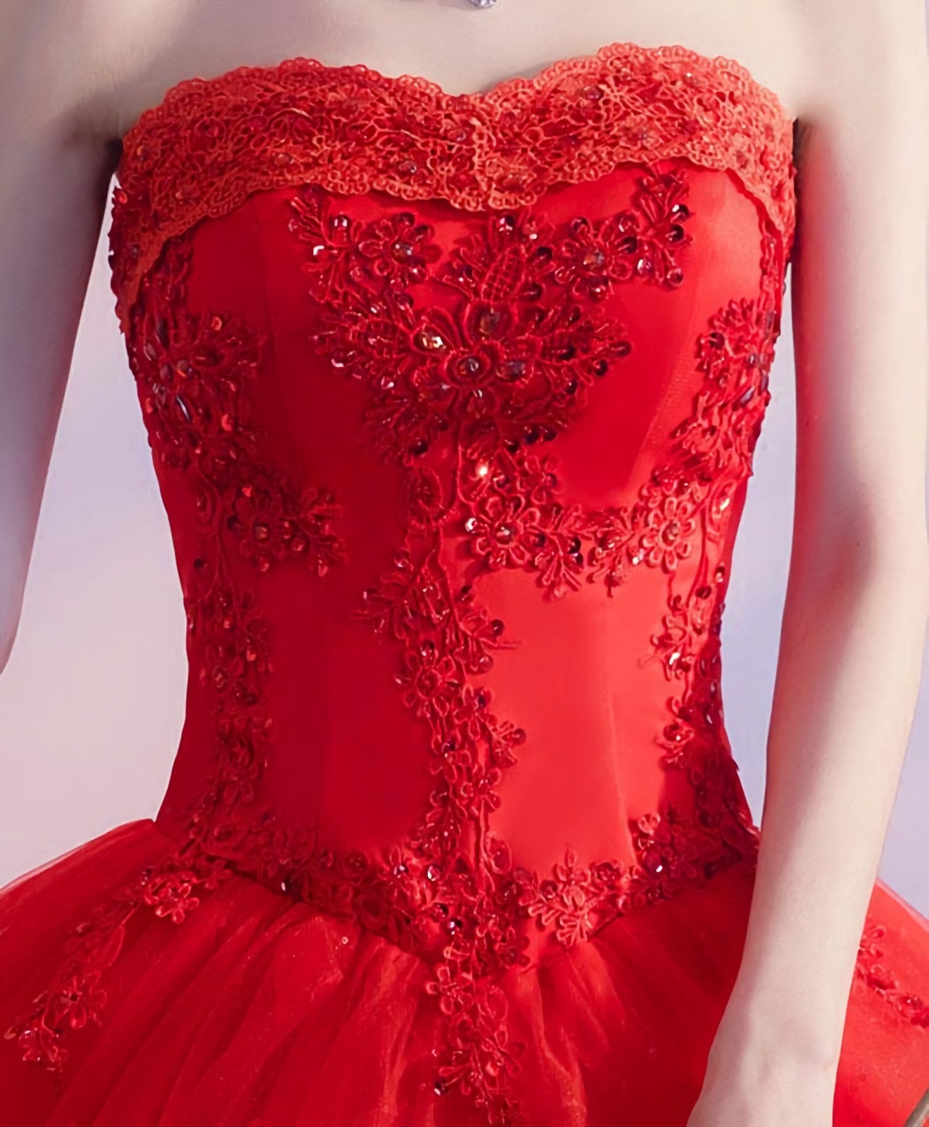 Red Sweetheart Neck Lace Long Prom Dress Sweet 16 Dress Secondary image