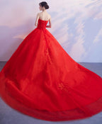 Red Sweetheart Neck Lace Long Prom Dress, Sweet 16 Dress