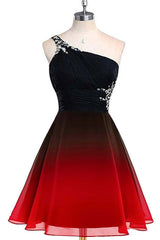 Red and Black One Shoulder Chiffon Beaded Homecoming Dress Outfits For Girls, Gradient Short Prom Dress