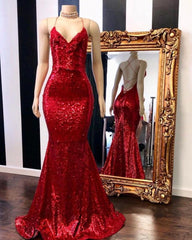 Red Halter Sequins Sparkle Evening Gowns Sexy Mermaid Dresses For Black girls Long Maxi Dress