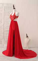 Red Hight Neck Chiffon Lace Applique Long Prom Dress Outfits For Girls, Red Formal Dress