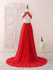 Red Hight Neck Chiffon Lace Applique Long Prom Dress Outfits For Girls, Red Formal Dress