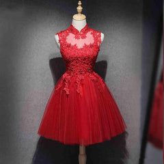 Red Lace High Neckline Tulle Short Homecoming Dress Outfits For Women Party Dress Outfits For Girls, Red Formal Dresses