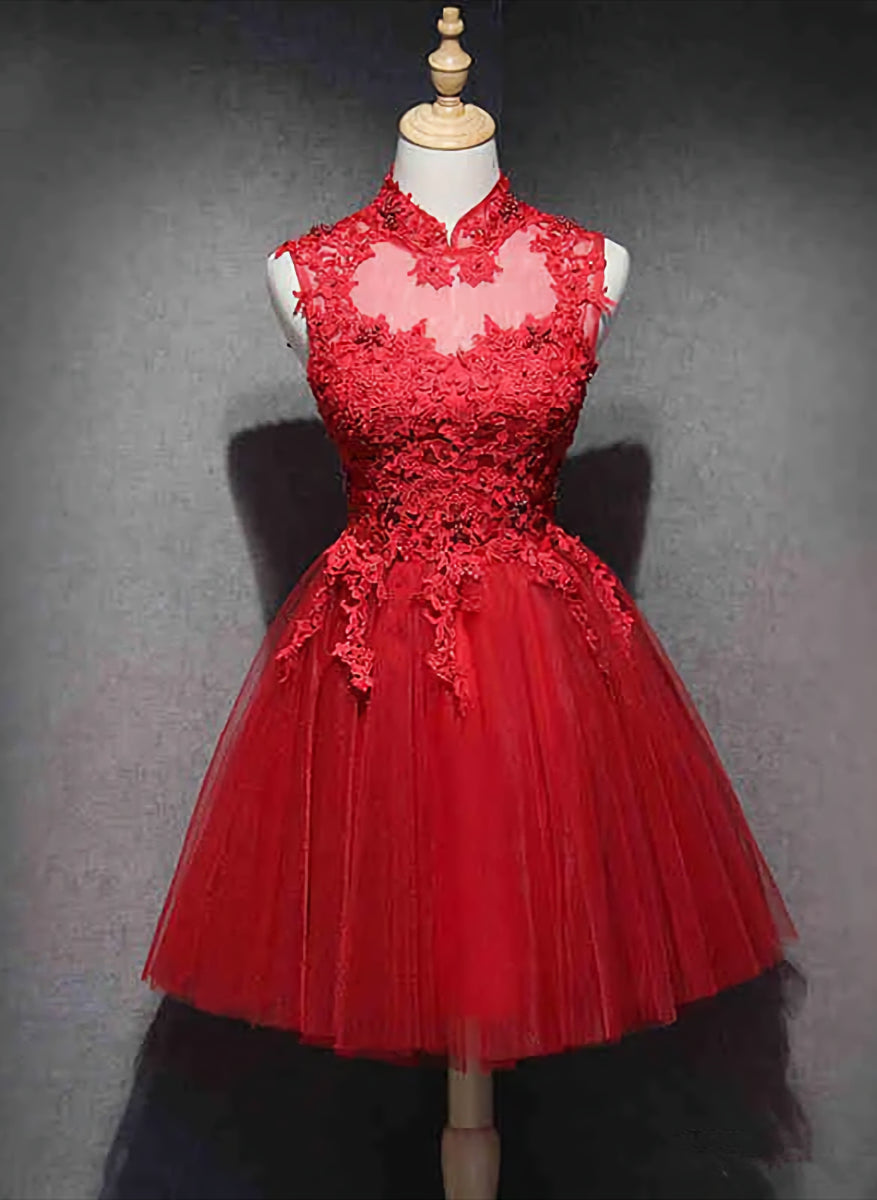 Red Lace High Neckline Tulle Short Homecoming Dress Outfits For Women Party Dress Outfits For Girls, Red Formal Dresses