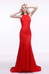 Red Lace Mermaid Halter Backless Long Prom Dresses