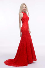 Red Lace Mermaid Halter Backless Long Prom Dresses