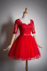 Red Lace Short Sleeves Tulle Knee Length Party Dresses For Black girls For Women, Red Short Formal Dresses