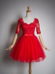 Red Lace Short Sleeves Tulle Knee Length Party Dresses For Black girls For Women, Red Short Formal Dresses