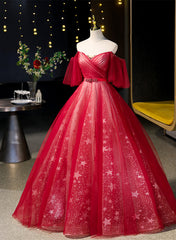 Red Off Shoulder Tulle Sweetheart Party Dress Outfits For Girls, Red Ball Gown Sweet 16 Dress