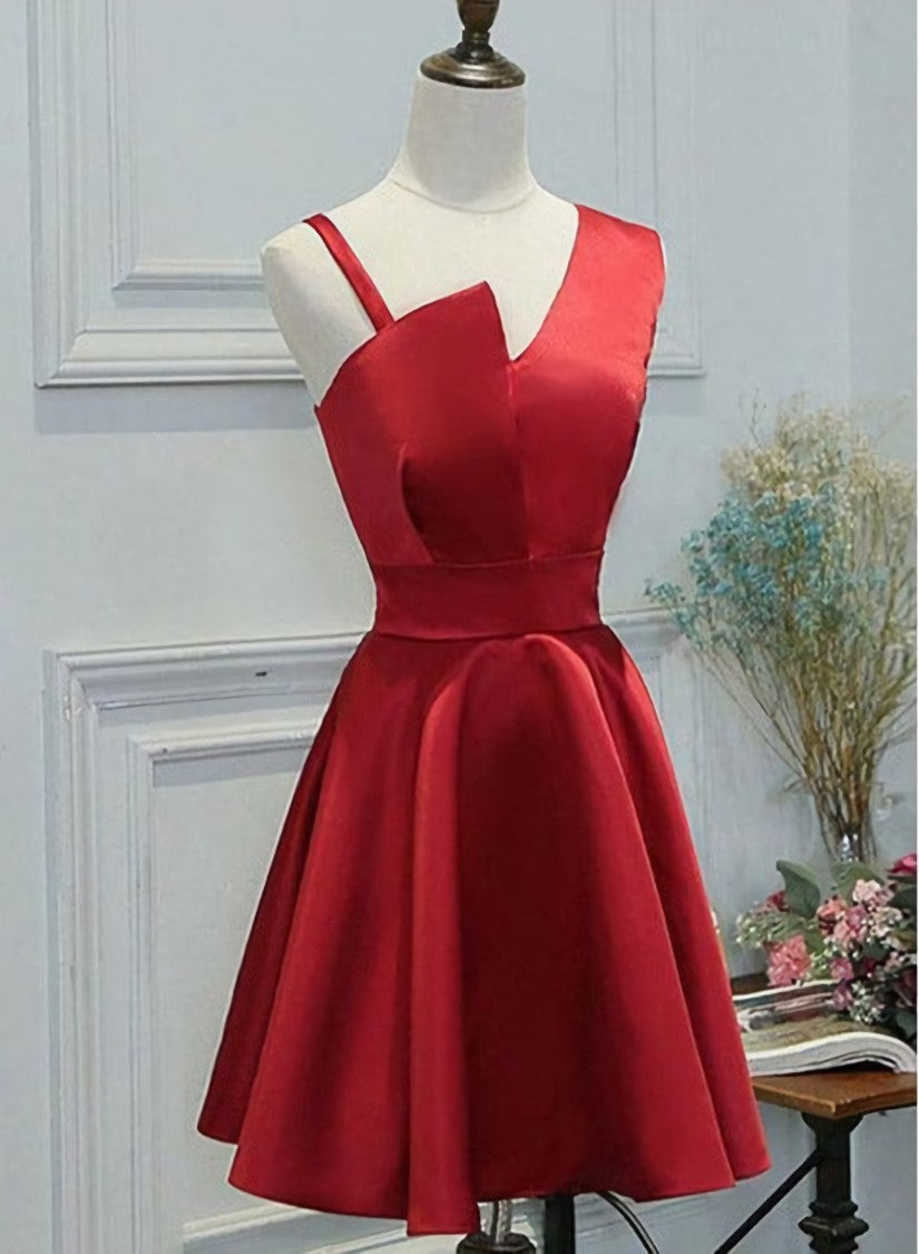 Red One Shoulder Satin Knee Length Homecoming Dress Outfits For Women Party Dress Outfits For Girls, Short Prom Dress Outfits For Women Formal Dress