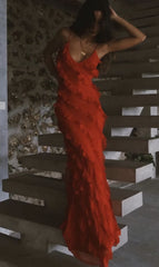 Red Ruffles Long Formal Dress Elegant Evening Dresses Mermaid
