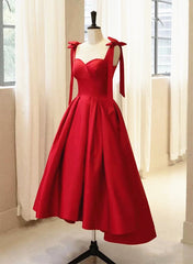 Red Satin High Low Formal Dress Outfits For Women with Bow, Red Prom Dress Outfits For Women Party Dress