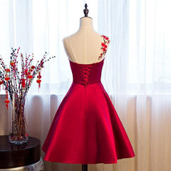 Red Satin Knee Length Party Dress Outfits For Girls, Cute Bridesmaid Dress