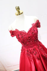 Red Satin Lace Long Prom Dress Outfits For Girls, Off Shoulder Evening Party Dress