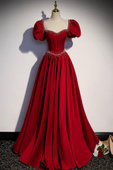 Red Satin Long Prom Dress Outfits For Girls, Cute Short Sleeve Evening Graduation Dress