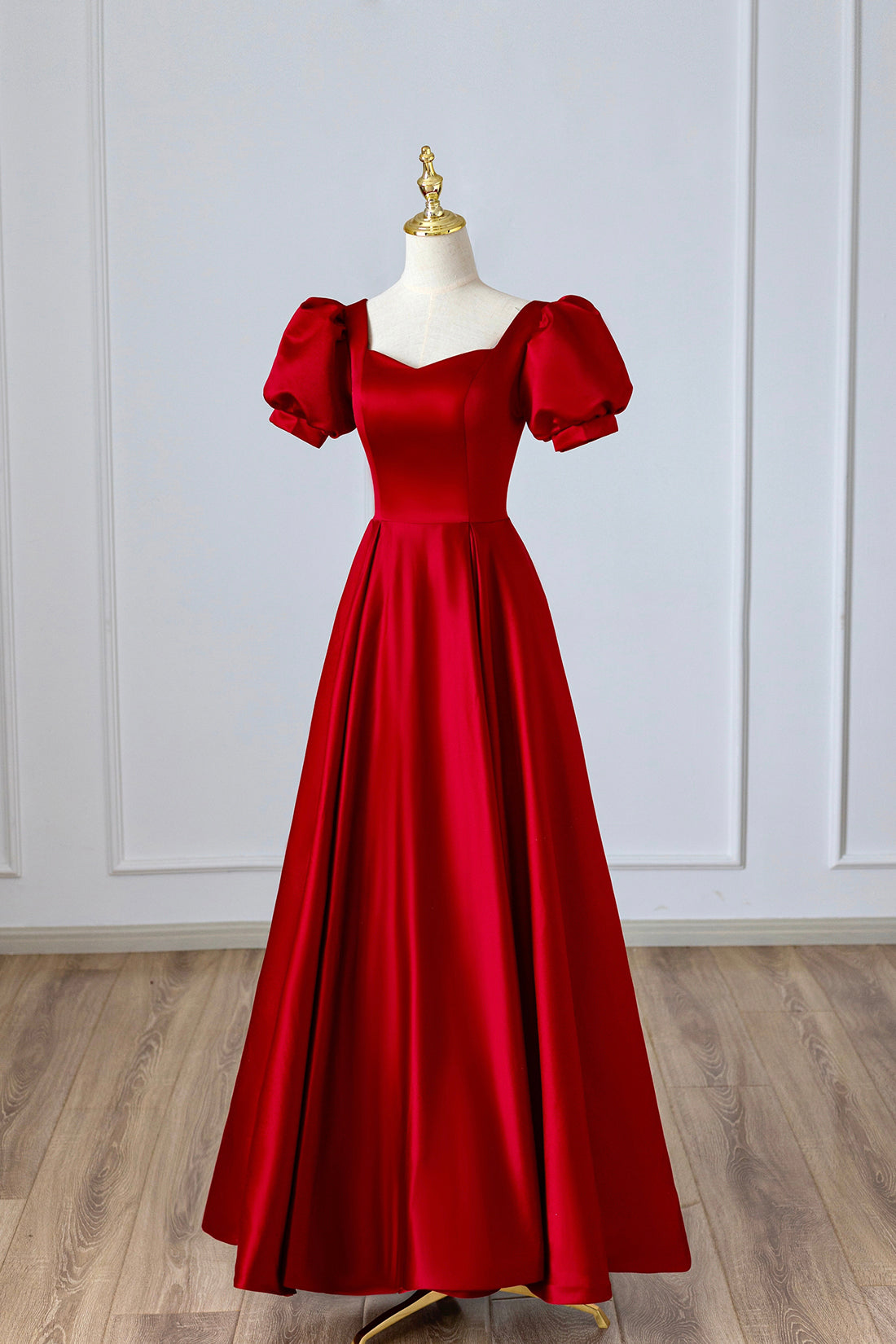 Red Satin Long Prom Dress Outfits For Girls, Simple A-Line Short Sleeve Evening Party Dress