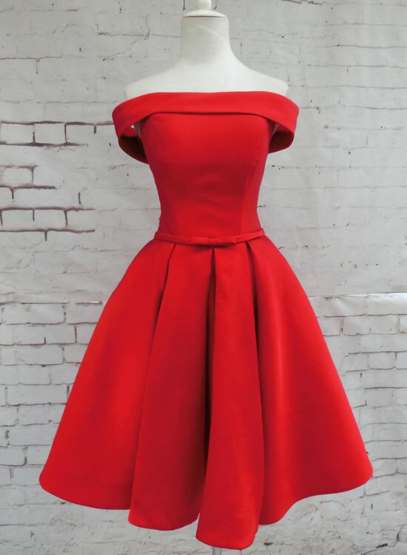 Red Satin Short Party Dress Outfits For Girls, Red Off Shoulder Homecoming Dress